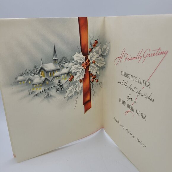 Vintage Yuletide Greetings Christmas Card With Winter Scene & Red Bow - Picture 3 of 7